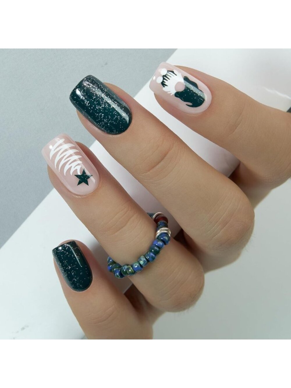 Festive Green Square Press-On Nails | Soft Gel Christmas Nail Art Design